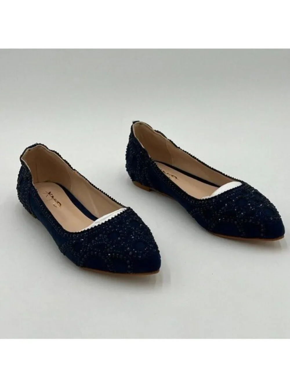 XYD Navy Pointed Toe Rhinestone Flats Mesh Slip On Low Heel Crystal Dress Shoes